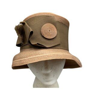 Vintage donflair J.M. Weston Beige & Tan Cloche Hat With Bow Rosette union hat
